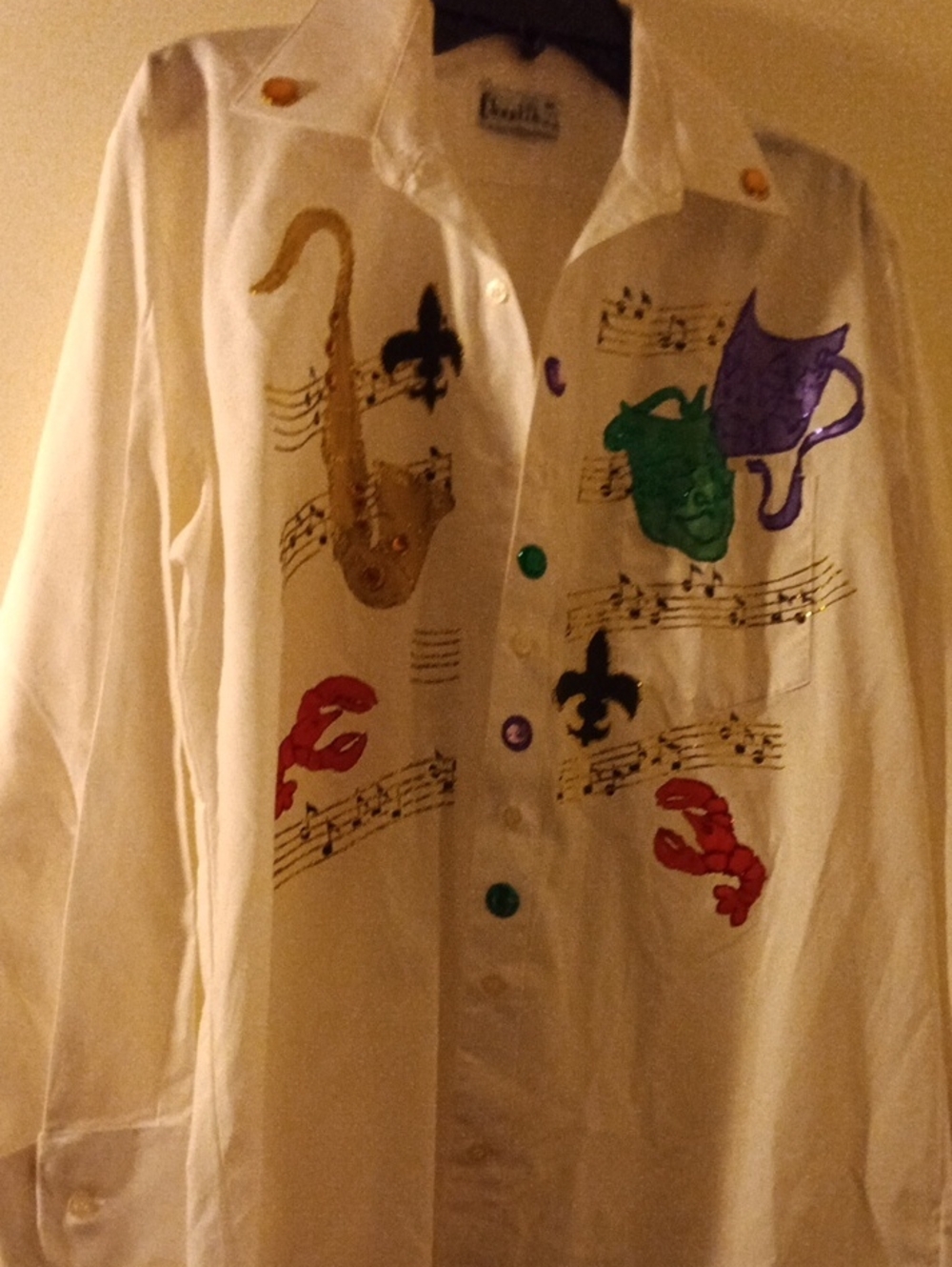 Hand-Painted White Men’s Ladies Button-Up Shirt with Musical & Mardi Gras Motifs